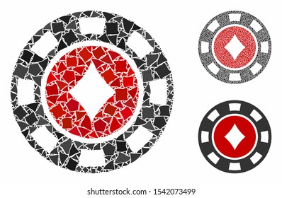 Diamonds casino chip composition of unequal elements in different sizes and shades, based on diamonds casino chip icon. Vector inequal elements are composed into collage.