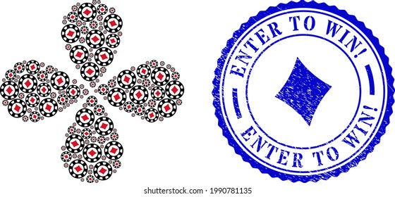 Diamonds casino chip explosion flower shape, and blue round ENTER TO WIN Exclamation unclean seal with icon inside. Element flower with 4 petals combined from oriented diamonds casino chip symbols.