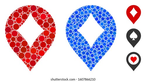 Diamonds casino marker composition of filled circles in variable sizes and color tones, based on diamonds casino marker icon. Vector filled circles are united into blue composition.
