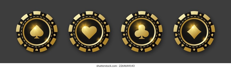 Diamonds, clubs, hearts, spades chips. Set of gold and black poker chips. Gambling tokens with suits for poker and casino. Vector illustration. For game design, advertising web banner and poster.