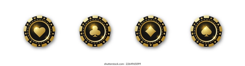 Diamonds, clubs, hearts, spades chips. Set of gold and black poker chips. Gambling tokens with suits for poker and casino. Vector illustration. For game design, advertising web banner and poster.