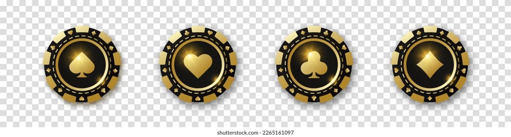 Diamonds, clubs, hearts, spades chips. Set of gold and black poker chips. Gambling tokens with suits for poker and casino. Vector illustration. For game design, advertising web banner and poster.