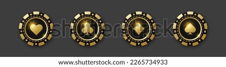 Diamonds, clubs, hearts, spades chips. Set of gold and black poker chips. Gambling tokens with suits for poker and casino. Vector illustration. For game design, advertising web banner and poster.