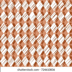 Diamonds, Crosshatch pattern, brown seamless background, vector. Vertical stripes of white diamonds on a brown background. Diamonds drawn with shading. Geometric background. 