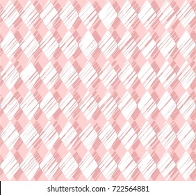 Diamonds, Crosshatch pattern, pink, seamless background, vector. Vertical stripes of white diamonds on a pink background. Diamonds drawn with shading. Geometric background. 