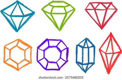 Diamonds and Crystals Crayon Chalk Drawing Vector Set
