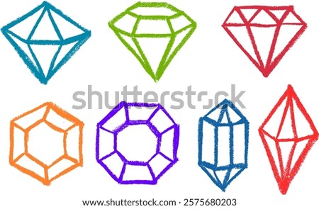 Diamonds and Crystals Crayon Chalk Drawing Vector Set