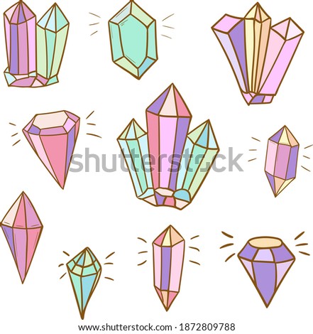 Diamonds and crystals graphic line drawing. Healing single crystal isolated on white background. Black and white mystical crystal. Set of the crystals