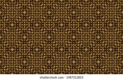 Diamonds, dots and Curves in gold on brawn background- Chinna Sikku kolam, Muggulu Designs, Indian Cultural Rangoli, Alpona, or Paisley vector line art in seamless pattern.