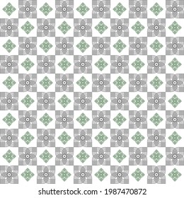 Diamonds, dots and Curves in grey and green on white background- Chinna Sikku kolam, Muggulu Designs, Indian Rangoli or Alpona vector line art in seamless pattern.