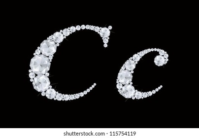 Diamonds font, vector diamonds, crystal, gemstones isolated on black, letter C