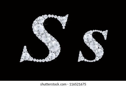 Diamonds font, vector diamonds, crystal, gemstones isolated on black, letter S