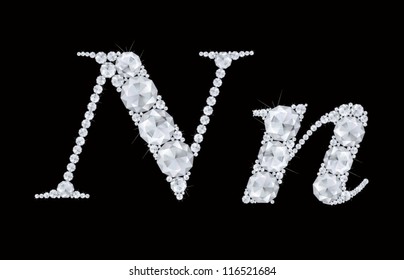 Diamonds font, vector diamonds, crystal, gemstones isolated on black, letter N