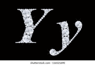 Diamonds font, vector diamonds, crystal, gemstones isolated on black, letter Y