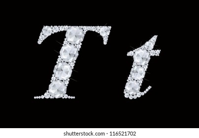 Diamonds font, vector diamonds, crystal, gemstones isolated on black, letter T