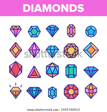 Diamonds, Gems Vector Thin Line Icons Set. Diamonds, Gems Cutting Types Linear Pictograms. Precious Stones, Gemstones Shapes, Jewelry Crystals with Geometric Facets Contour Illustrations