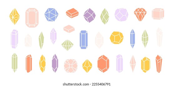 Diamonds icons, colorful diamond, gemstone. Decorative brilliants, pastel colors gems collection. Jewelry elements, isolated vector magic stones