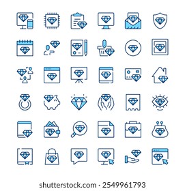 Diamonds icons. Outline symbols. Vector blue line icons set