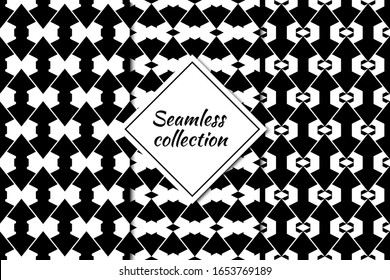 Diamonds, lozenges, rhombuses, arrows seamless patterns collection. Folk prints. Ethnic ornaments set. Tribal wallpapers kit. Geometrical backgrounds. Retro motif. Abstract images. Vectors bundle.