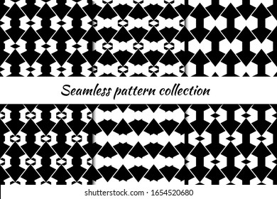 Diamonds, lozenges, rhombuses, arrows seamless patterns collection. Folk prints. Ethnic ornaments set. Tribal wallpapers kit. Geometrical backgrounds. Retro motif. Abstract images. Vectors bundle.