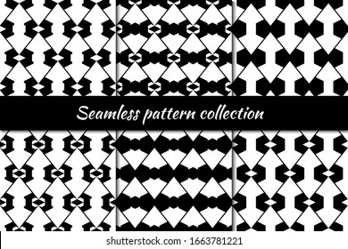 Diamonds, lozenges, rhombuses, arrows seamless patterns collection. Folk prints. Ethnic ornaments set. Tribal wallpapers kit. Geometrical backgrounds. Retro motif. Abstract images. Vectors bundle.