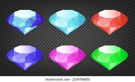 Diamantes con muchos colores definidos, bajo brillo polaco, ilustración vectorial
