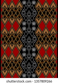 Diamonds motif that is horizontally added with accents of blue star motifs, with a blend of colors between ruby red, gold, walnut and gray.