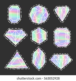 Diamonds patch badges set. Holographic gems doodles. Trendy sketch vector. Stickers with jewelry stones. Brilliants and crystals. Fashionable jewel pins.