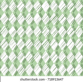 Diamonds, pattern shading, green seamless background, vector. Vertical stripes of white diamonds on green. Diamonds drawn with shading. Geometric colored background. 
