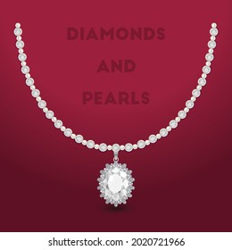 Diamonds And Pearls Necklace And Big Diamond Necklace Jewelry For Girls Fashion Style Women Diamonds Chain Or Peal Chain With The Dark Red Background, Wedding Or Valentine Day Gift For The Bride