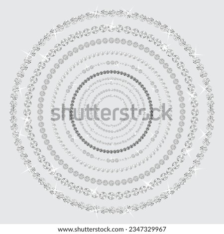 Diamonds and pearls round frames. Wedding Luxury Clipart. Vector Gemstones borders. Crystals and brilliants sparkling jewel. Rhinestones jewellery.
