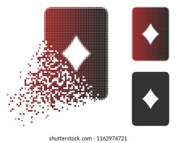 Diamonds playing card icon in dissolved, pixelated halftone and undamaged entire versions. Points are organized into vector dissipated diamonds playing card icon.