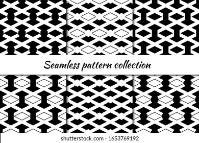 Diamonds, rhombuses, lozenges, arrows seamless patterns collection. Folk prints. Ethnic ornaments set. Tribal wallpapers kit. Geometrical backgrounds. Retro motif. Abstract images. Vectors bundle.