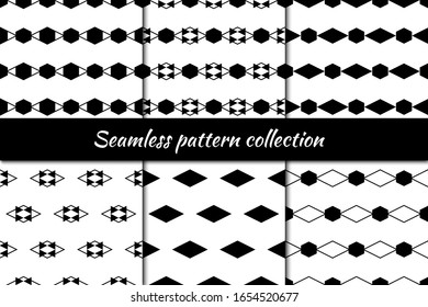 Diamonds, rhombuses, lozenges, hexagons, triangles seamless patterns collection. Folk prints. Ethnic ornaments set. Tribal wallpapers kit. Geometrical abstract backgrounds. Retro motif. Vectors bundle