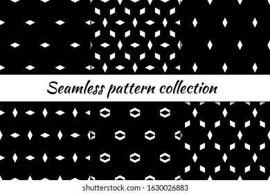 Diamonds, rhombuses, lozenges, seamless patterns collection. Ethnic prints. Folk ornaments set. Geometric images. Tribal wallpapers kit. Geometrical backgrounds. Retro motif. Abstract vectors bundle