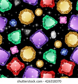 Diamonds seamless pattern on black background. Vector illustration jewelry