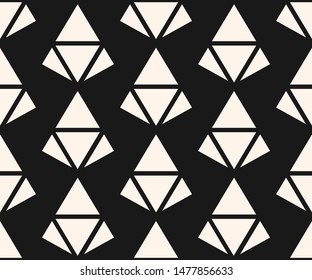 Diamonds seamless pattern. Vector monochrome geometric texture with triangles, rhombuses. Elegant minimal black and white abstract ornamental background. Simple dark repeat design for decor, prints