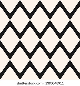 Diamonds seamless pattern. Vector rhombuses geometric texture. Simple abstract monochrome background with zigzag lines, lattice, mesh, grid, net, fence, wire. Black and white repeat decorative design