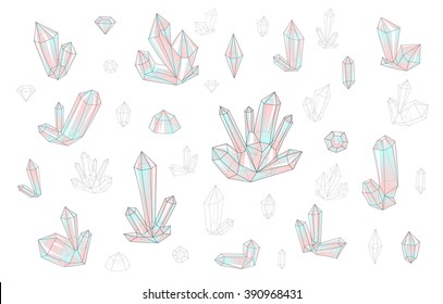 Diamonds set isolated on a white background fashion brightly colored hipster style. Natural stones crystal rhinestones 
