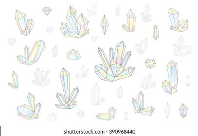 Diamonds set isolated on a white background fashion brightly colored hipster style. Natural stones crystal rhinestones 