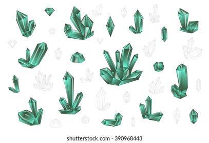 Diamonds set isolated on a white background fashion brightly colored hipster style. Natural stones crystal rhinestones 