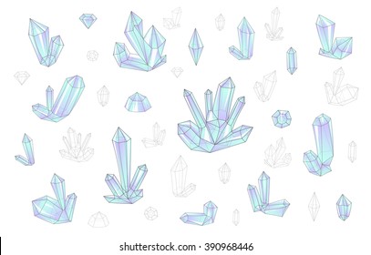 Diamonds set isolated on a white background fashion brightly colored hipster style. Natural stones crystal rhinestones 