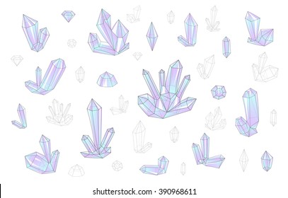 Diamonds set isolated on a white background fashion brightly colored hipster style. Natural stones rhinestones