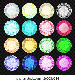 Diamonds set realistic isolated crystals with light reflection and shadow in different colors. Natural gemstones. 