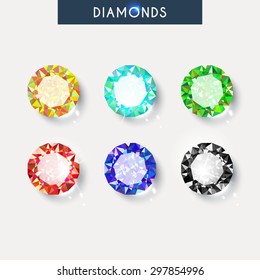 Diamonds set realistic isolated crystals with light reflection and shadow in different colors. Natural gemstones. 