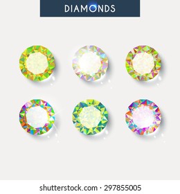 Diamonds set realistic isolated crystals with light reflection and shadow in different colors. Natural gemstones. 