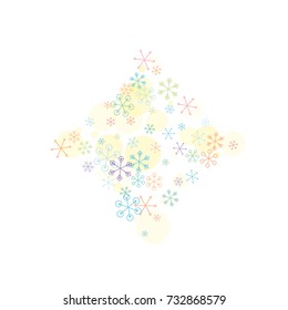 Diamonds shaped Christmas background with random scatter falling colorful snowflakes and yellow polka dots isolated on white.