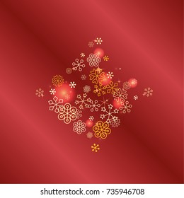 Diamonds shaped Christmas background with random scatter falling golden snowflakes, red blurred lights and sparkles on a red gradient background