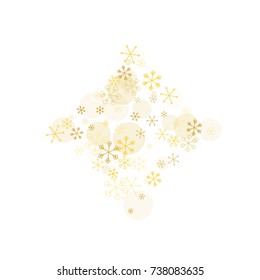 Diamonds shaped Christmas background with random scatter falling golden snowflakes and yellow polka dots isolated on white.