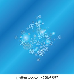 Diamonds shaped Christmas background with random scatter falling silver snowflakes, blue blurred lights and sparkles on a blue background